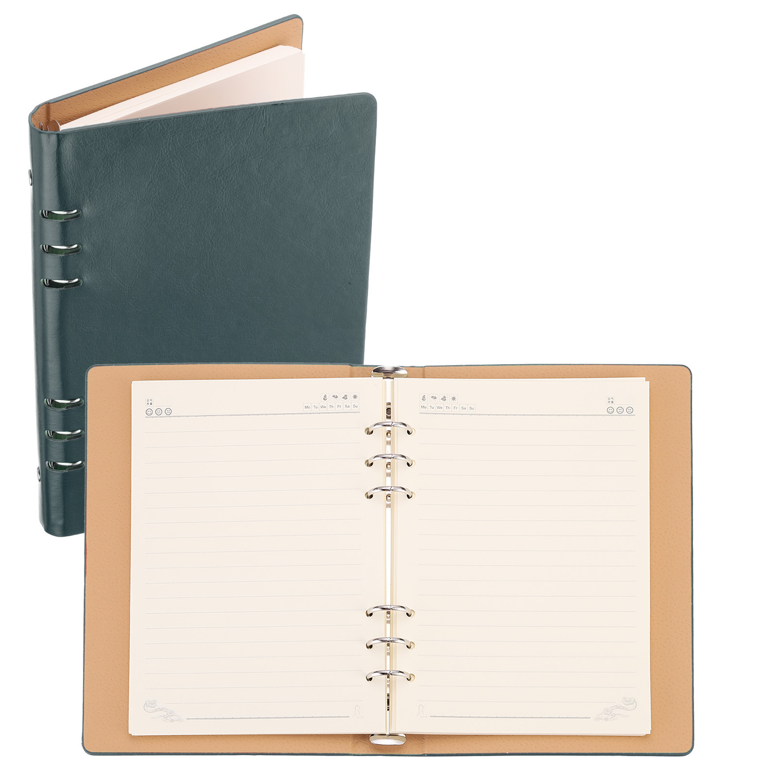 6 Ring Binder Cover A5 Leather Notebook Binder with 80 Sheets Paper, Green