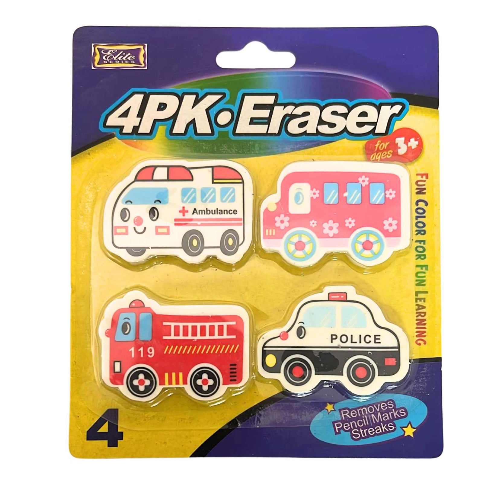 Non-Toxic Erasers Ambulance, School Bus, Police Car & Fire Brigade Shapes: 4 Pac