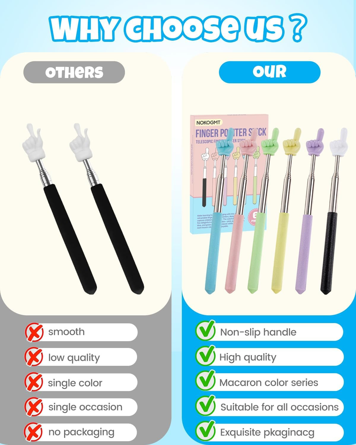 6PCS Finger Pointer Stick for Classroom – Extendable Teacher Pointer Stick and P