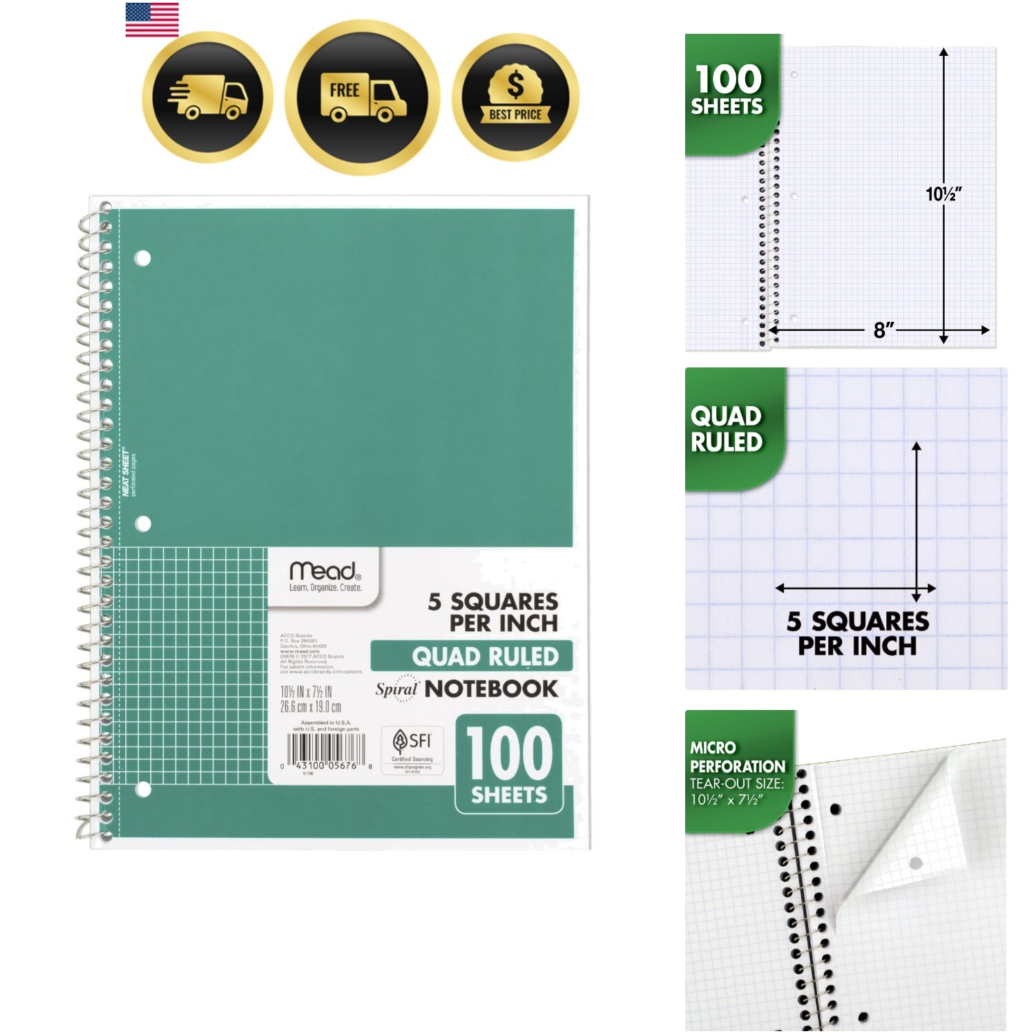 Spiral Notebook, 1 Subject, Graph Ruled Paper, 7-1/2″ x 10-1/2″, 100 Sheets, …