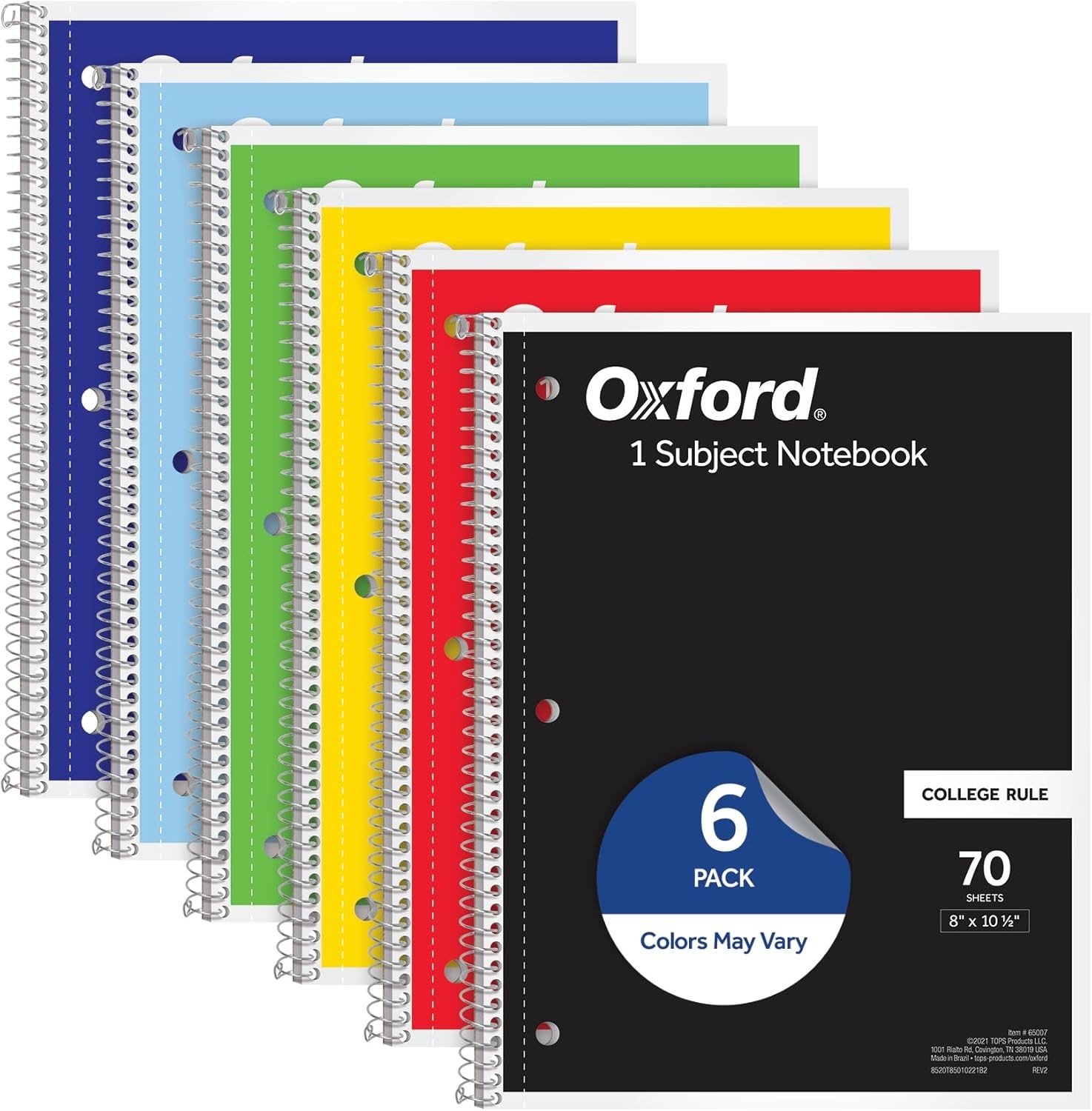 Oxford Spiral Notebook 6 Pack, 1 Subject, College Ruled Paper, 8 x 10-1/2 Inch,