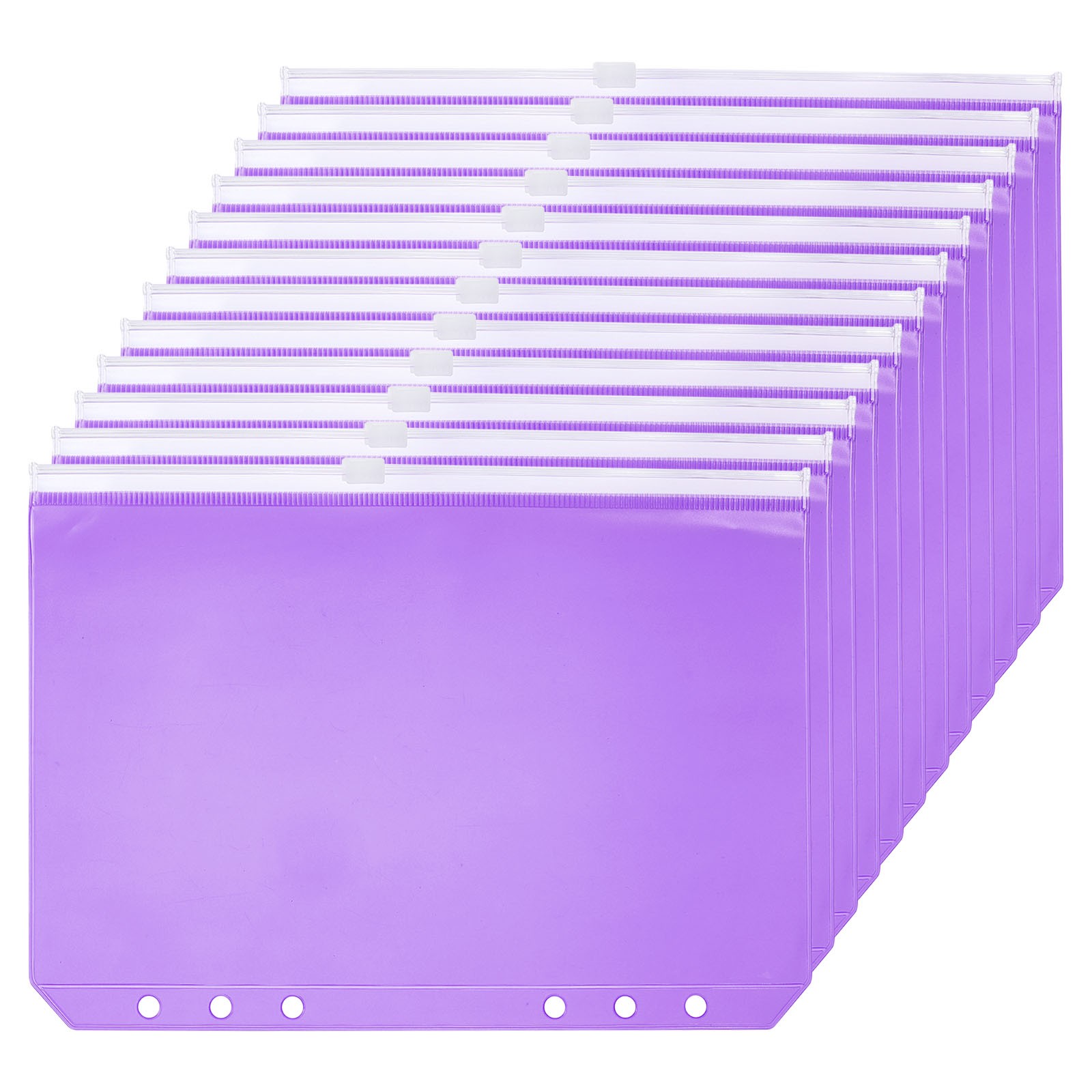 A5 Binder Pocket, 12 Pack PVC Zipper 6 Holes Binder Pouch, Purple