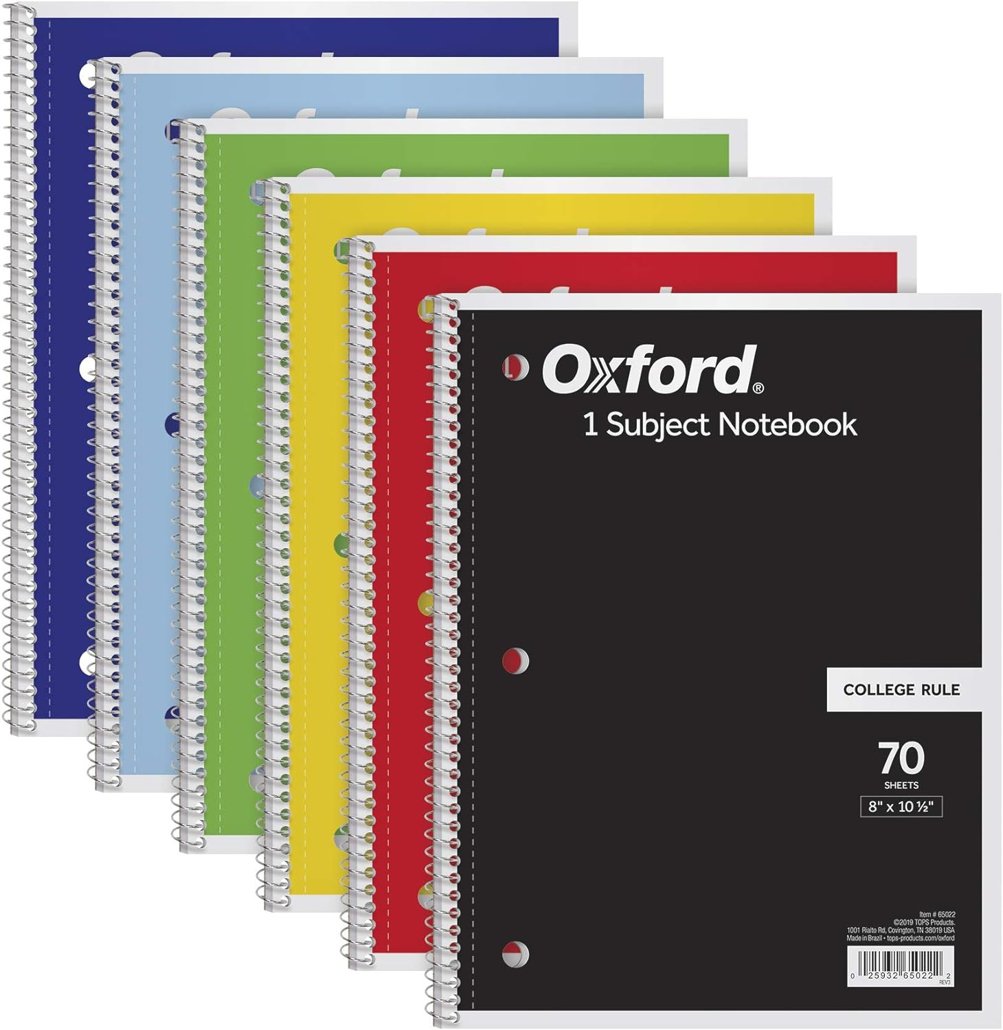 Oxford Spiral Notebook 6 Pack, 1 Subject, College Ruled Paper, 8 x 10-1/2 Inch,
