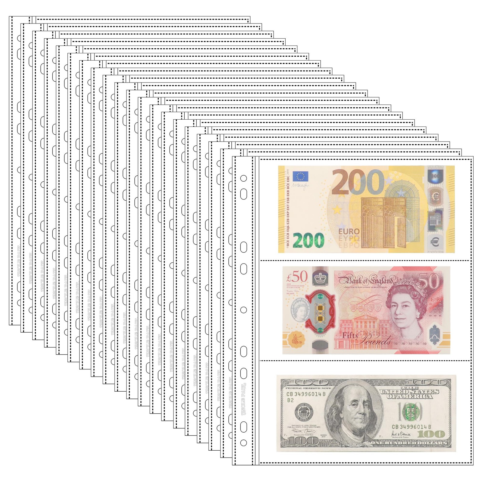 20 Sheets Currency Pages for Paper 20 Sheets(3 Pockets/Sheet), Transparent