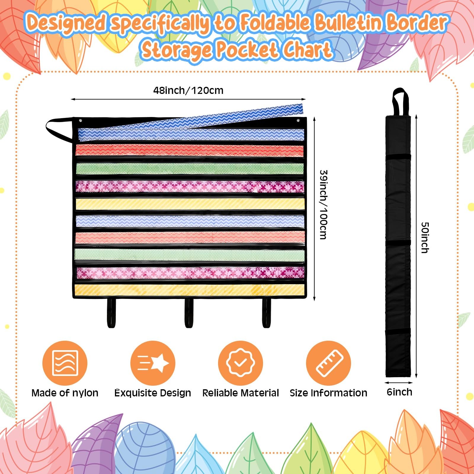 48 x 39 inch Bulletin Board Border Storage, Foldable Border Storage Pocket Ch…