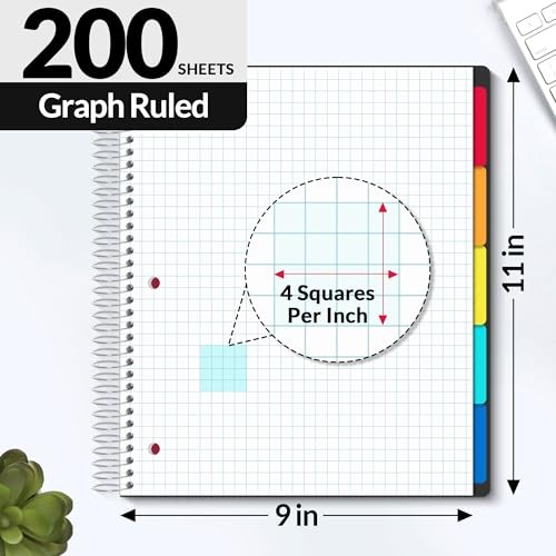 5 Subject Graph Paper Notebook – 400 Pages, 9″x11″, 4×4 Black Graph Ruled