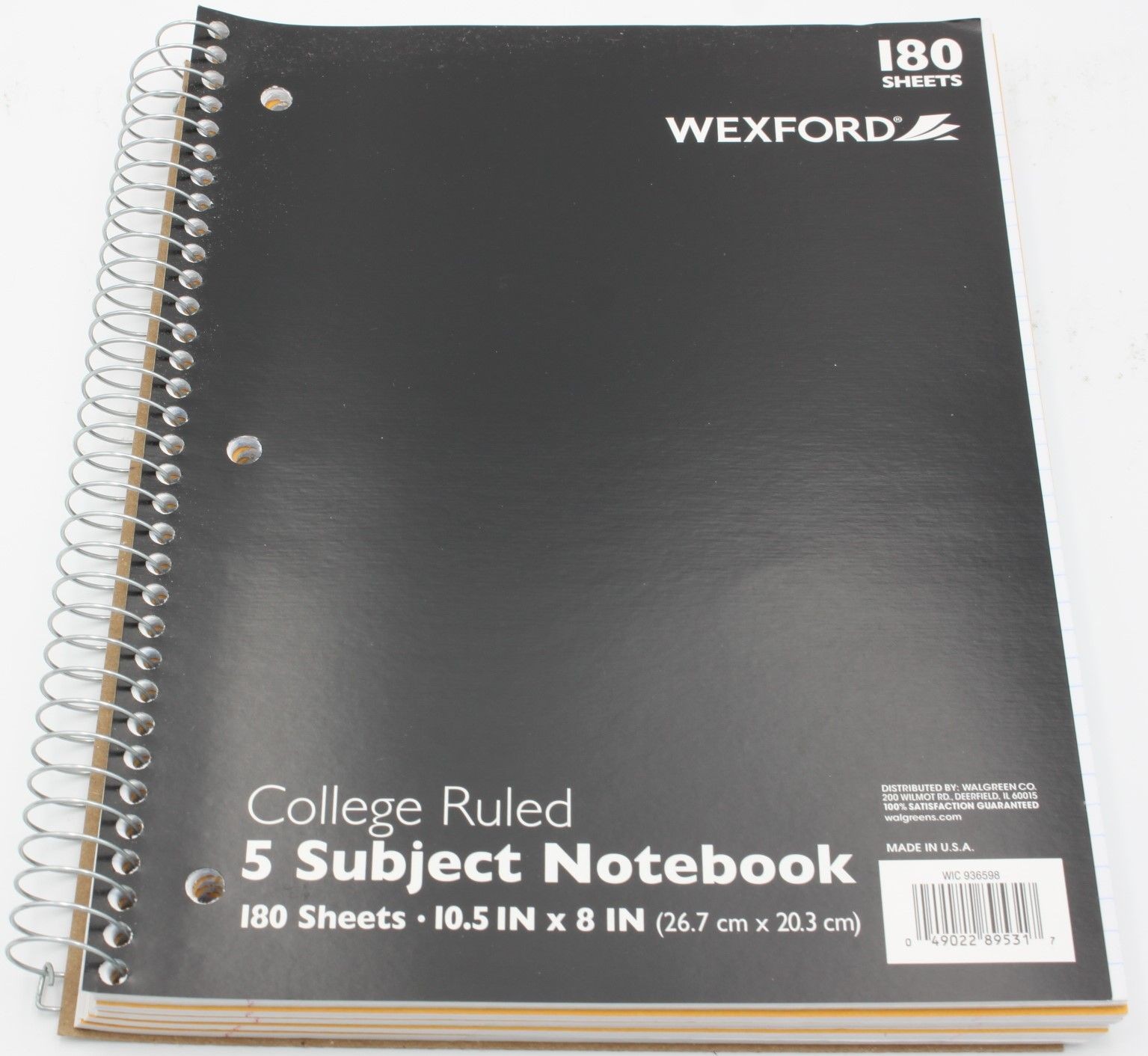 Wexford 5 Subject Notebook College Ruled 180 Sheets 10.5″ x 8″ BLACK Spiral Pad