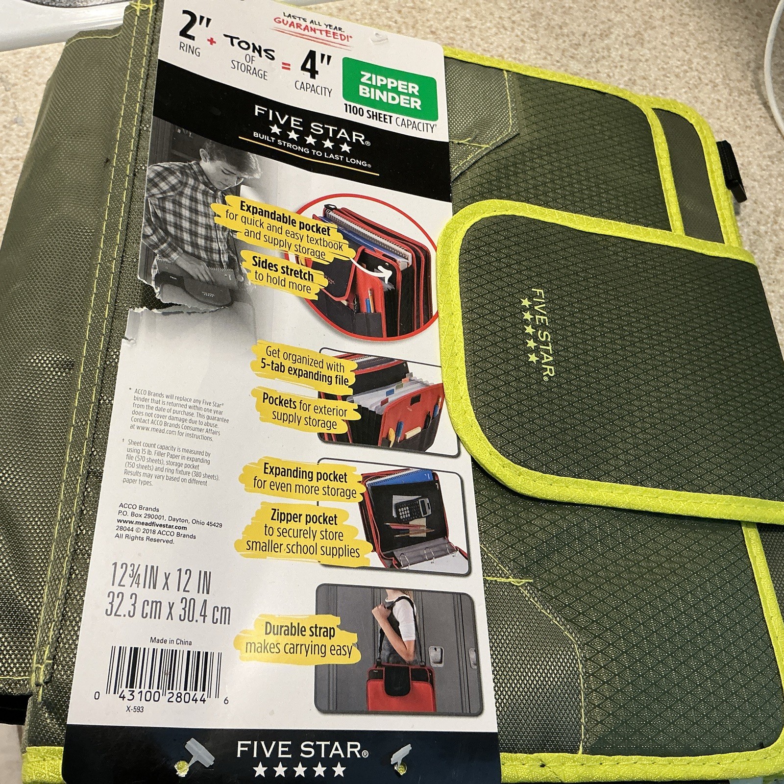 Five Star Zipper Binder 2″ Ring Shoulder Binder 4″ 1100 Sheet Capacity Green