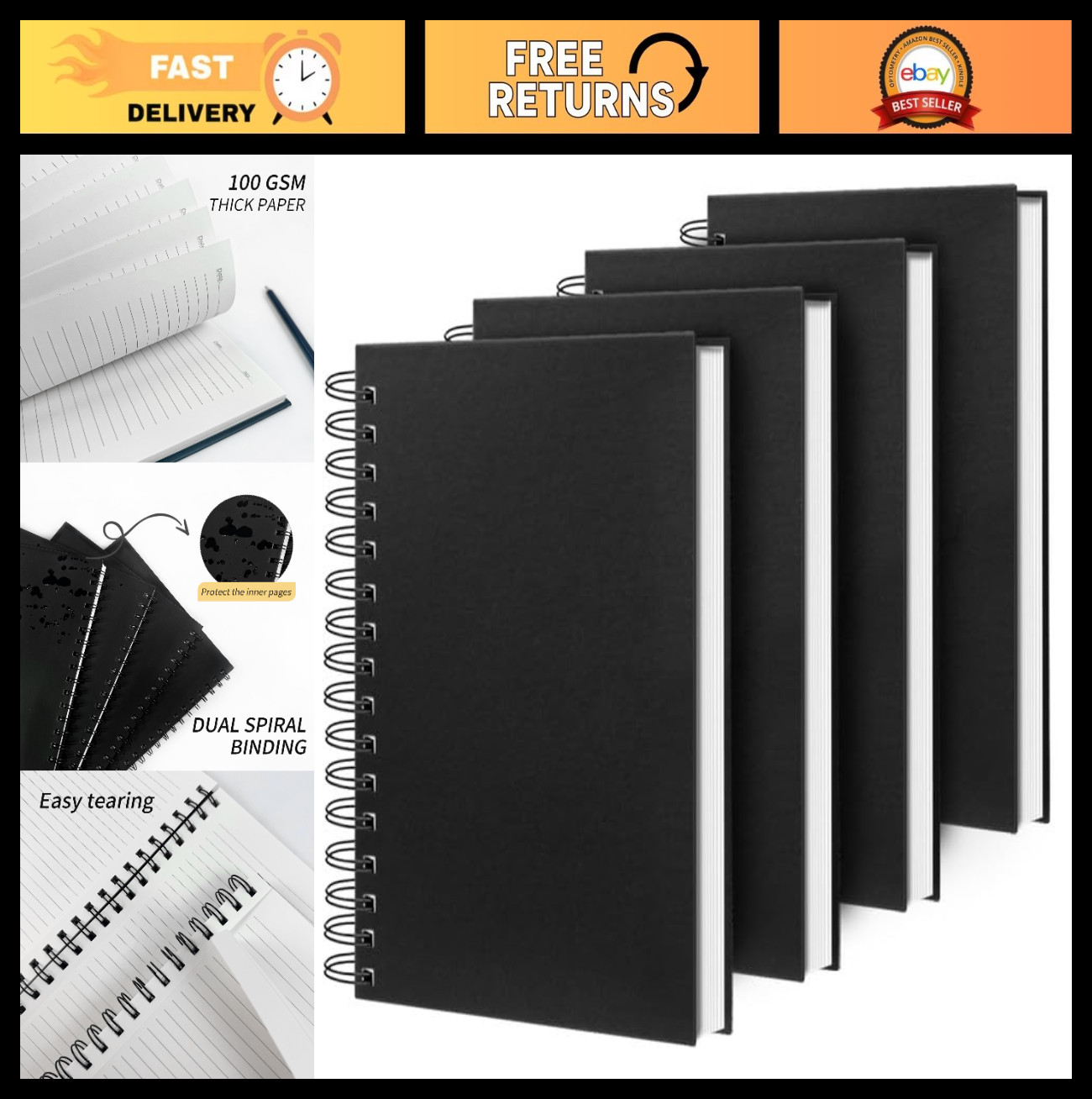 Large A4 Lined Spiral Notebook 8.5″x11″ – 4 Pack, 160 Pages, 100GSM Thick Paper,