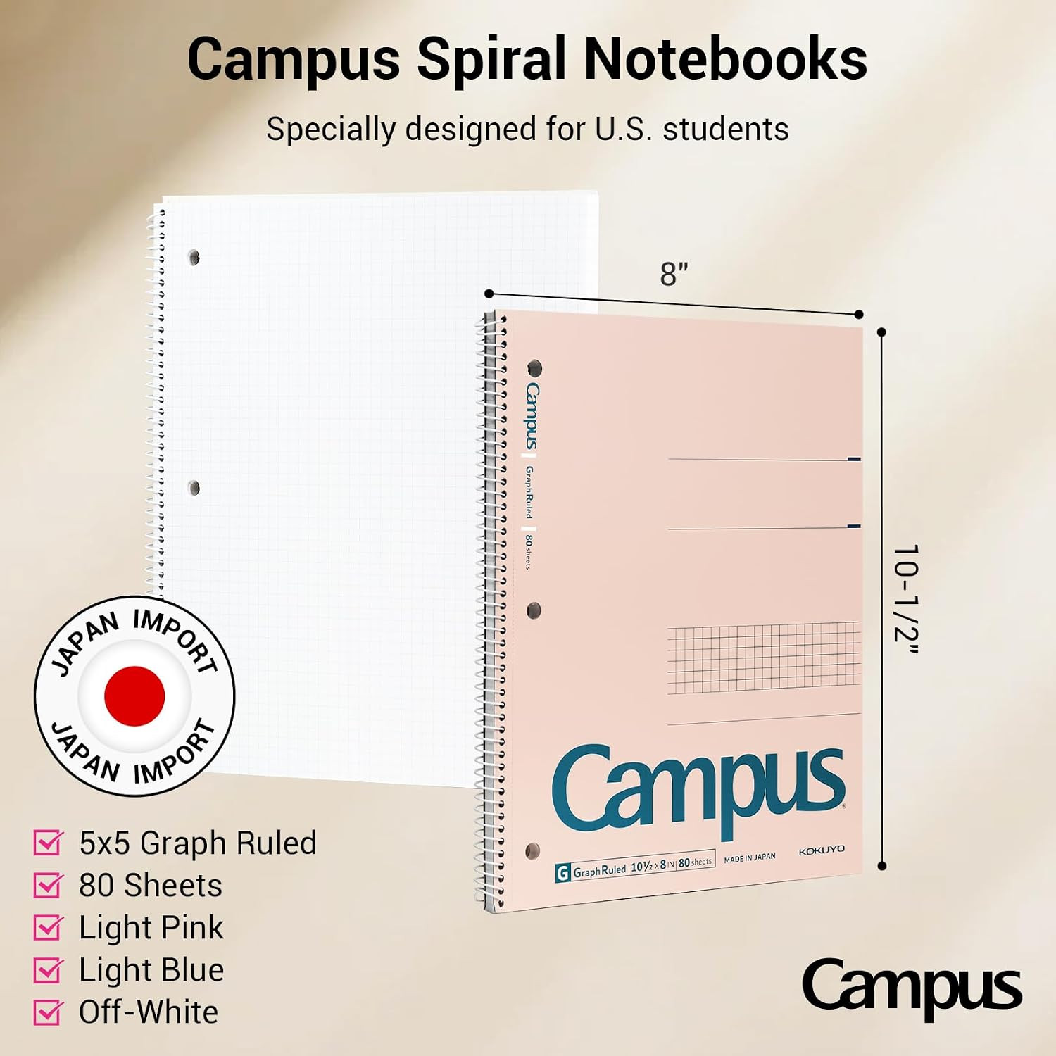 KOKUYO Spiral Notebook with 5×5 Graph Paper, 3 Pack Campus 10-1/2″ x 8″ Subject