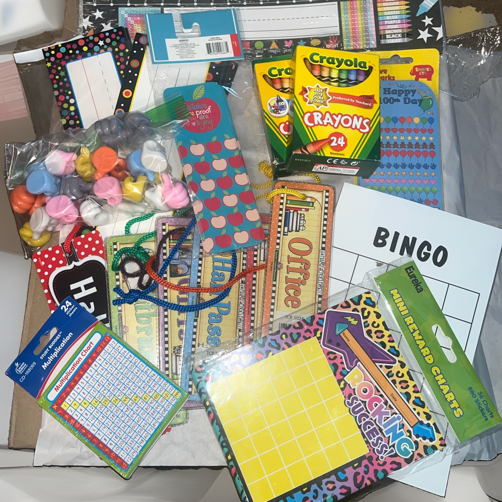 LOT of TEACHER STUDENT Classroom School SUPPLIES Passes Name tags Bingo Crayons