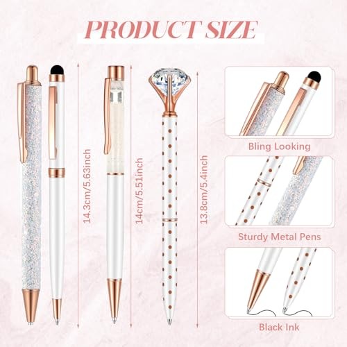 8 Pcs Pens with Pen Holder for Desk Glitter Crystal Diamond Cute White