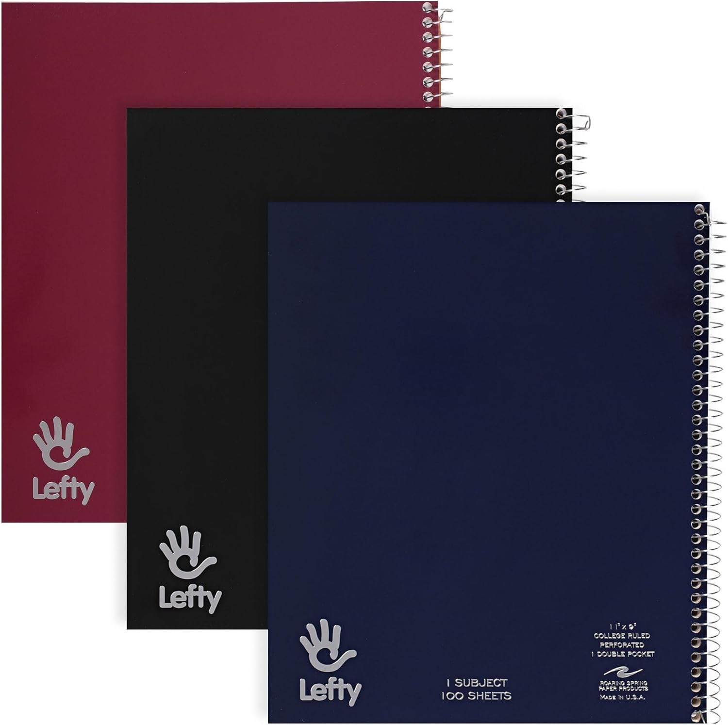 Lefty Spiral Notebook, Left-Handed One Subject Notebook, 3 Pack, 11″ x 9″, 100 S
