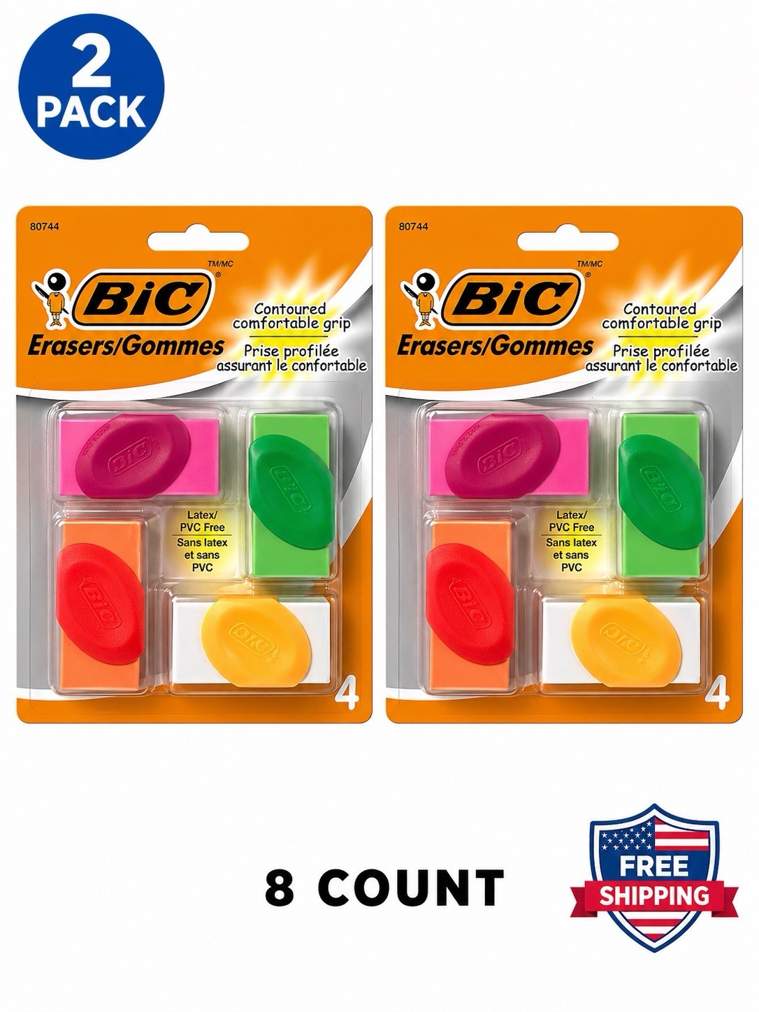 BIC Contoured Grip Erasers 2 Pack (8 Count) Latex PVC Free Assorted Colors 80744