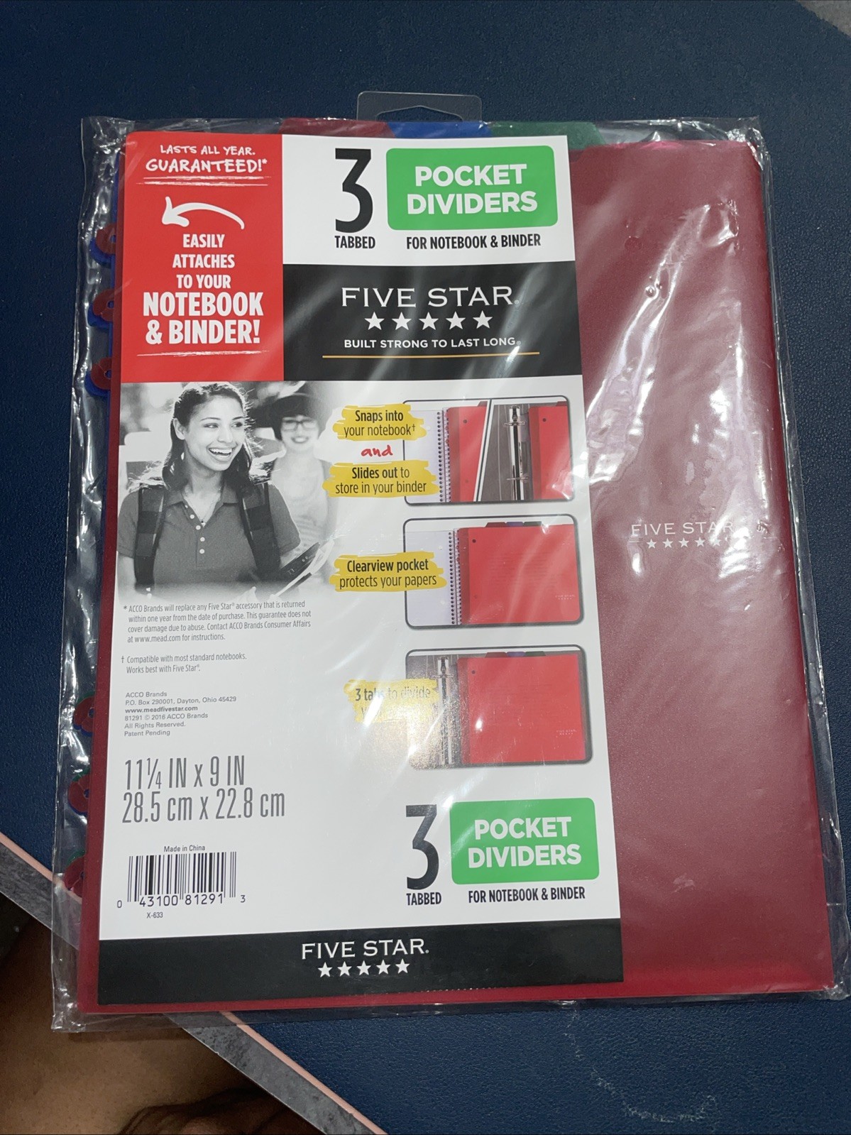 Five Star Pocket Dividers 3 Tabbed Blue, Green& Red School Supplies