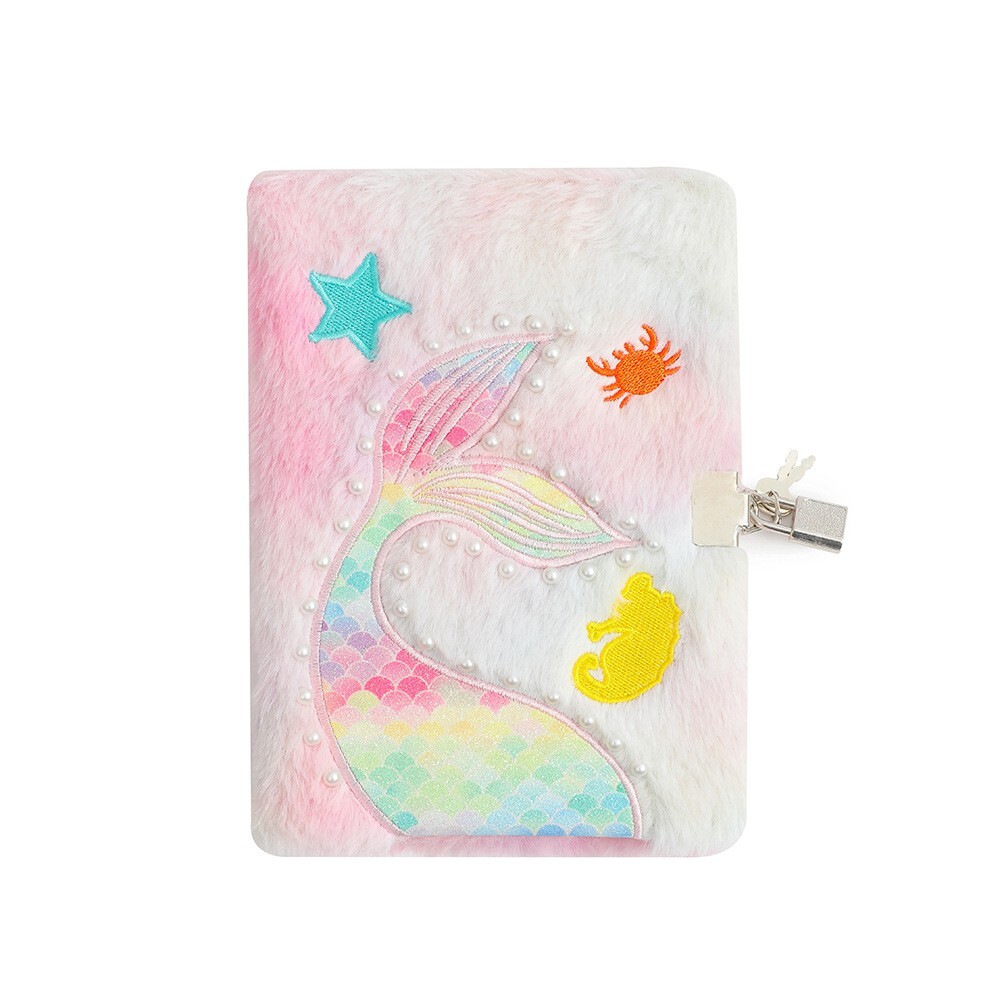 1pc A5 Mermaid Tail Plush Journal With Lock Diary Cute Notepad Gift – Pink