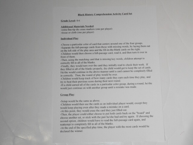 Educational Black History Comprehension Activity Set Grades 4-6 Laminated New!