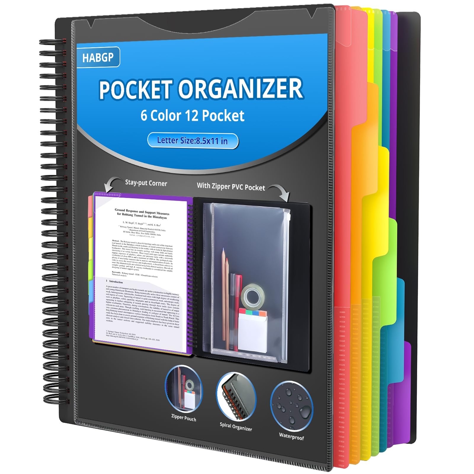 HABGP 12 Pocket Plastic folders with Pockets, 6 Colors 12 Black