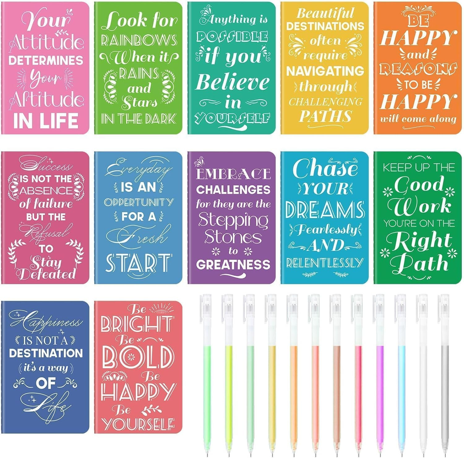 12 Pcs Mini Inspirational Notebooks Bulk with 12 Pcs Colorful Pens, Small Pocket