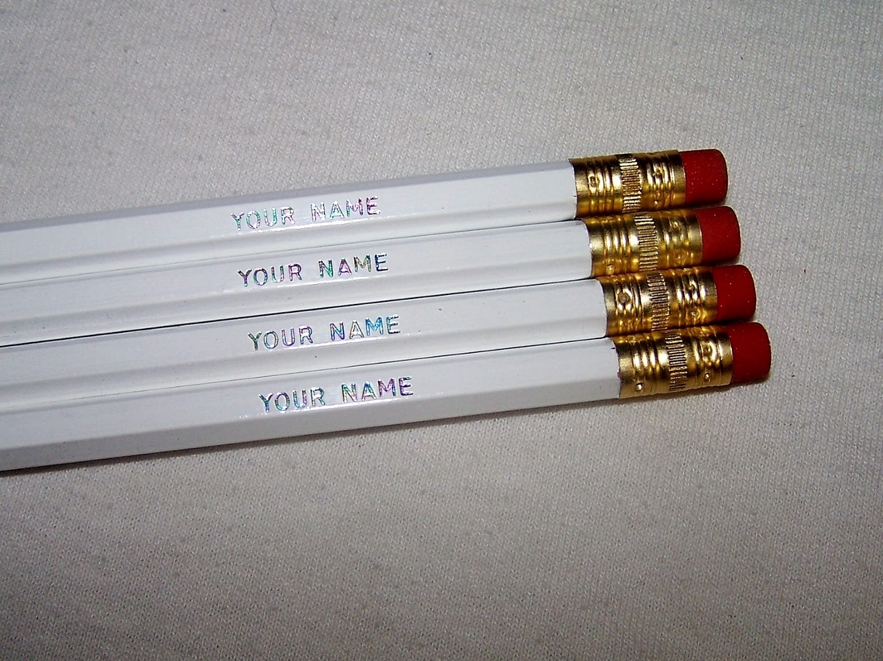 12 Hexagon „White w/ MULTI-COLOR MOSAIC lettering“ Personalized Pencils