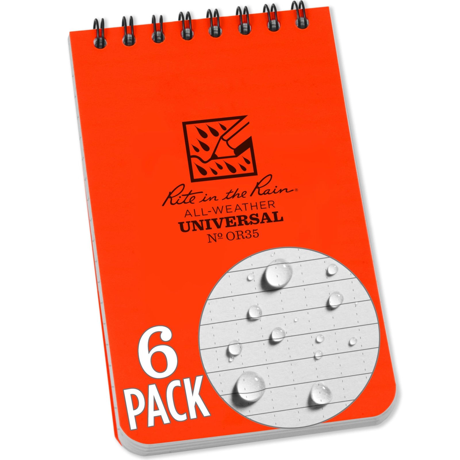 Rite in the Rain Weatherproof Top Spiral Notebook, 3″ x 5″, 6 Pack, Orange