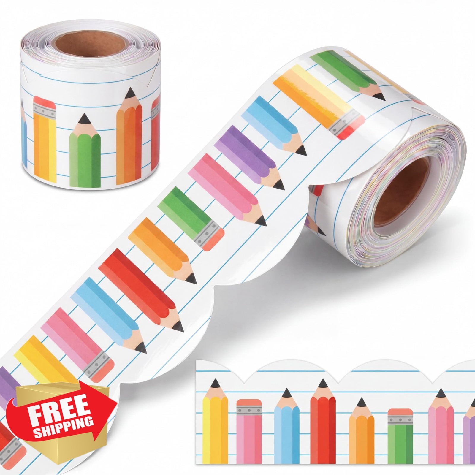 Zonon 65ft Rainbow Pencils Scalloped Bulletin Board Border