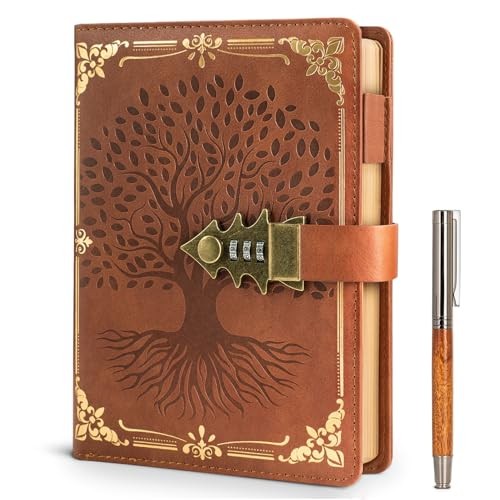 Lock Journal with Pen & Gift Box, A5 260 Pages, Refillable, Hardcover brown