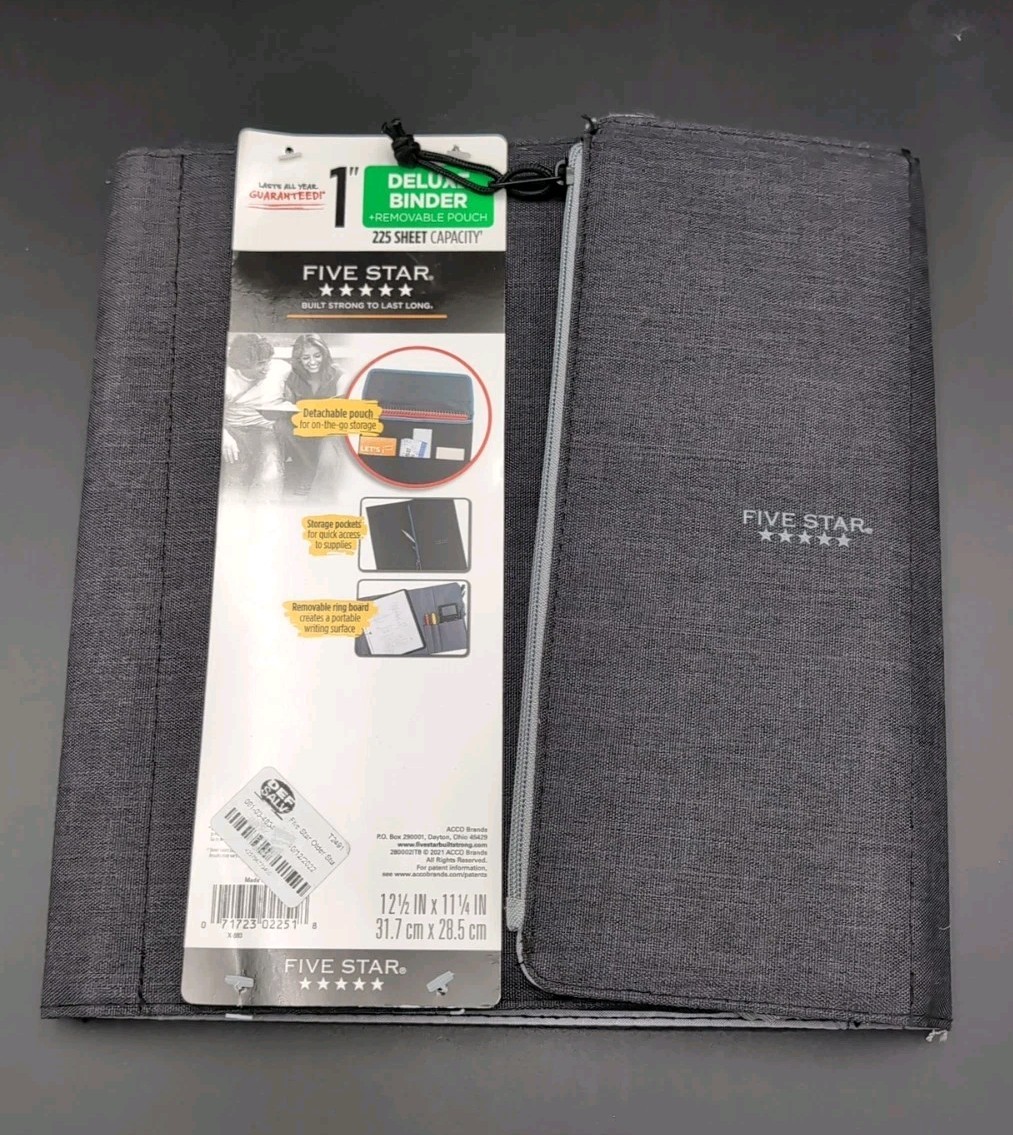 Five Star Deluxe 1″ Binder + Removable Pouch Black Denim Look 225 Sheet Capacity