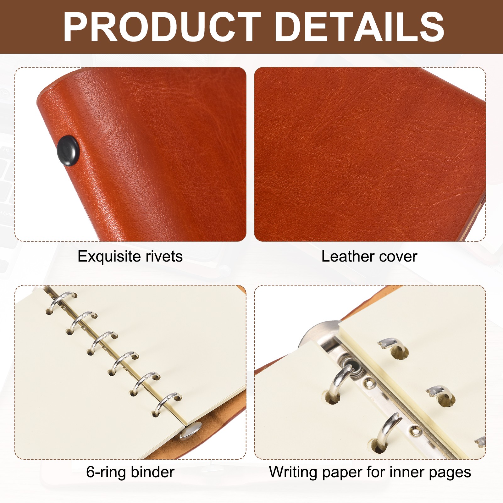 6 Ring Binder Cover A7 Leather Notebook with Blank Paper and Pen, Yellow-Brown