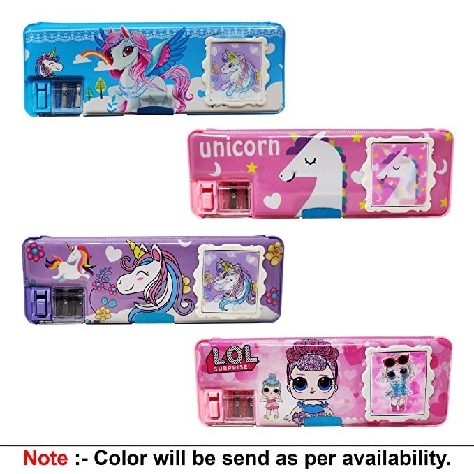 Stationery Combo of 1 Plastic Pink Pencil Box with Calculator Unicorn Pen Scale