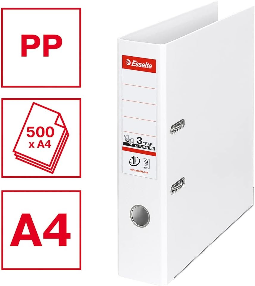 Esselte A4 Lever Arch File, White, 72mm Spine, Plastic, Vivida Range, 811300, 50