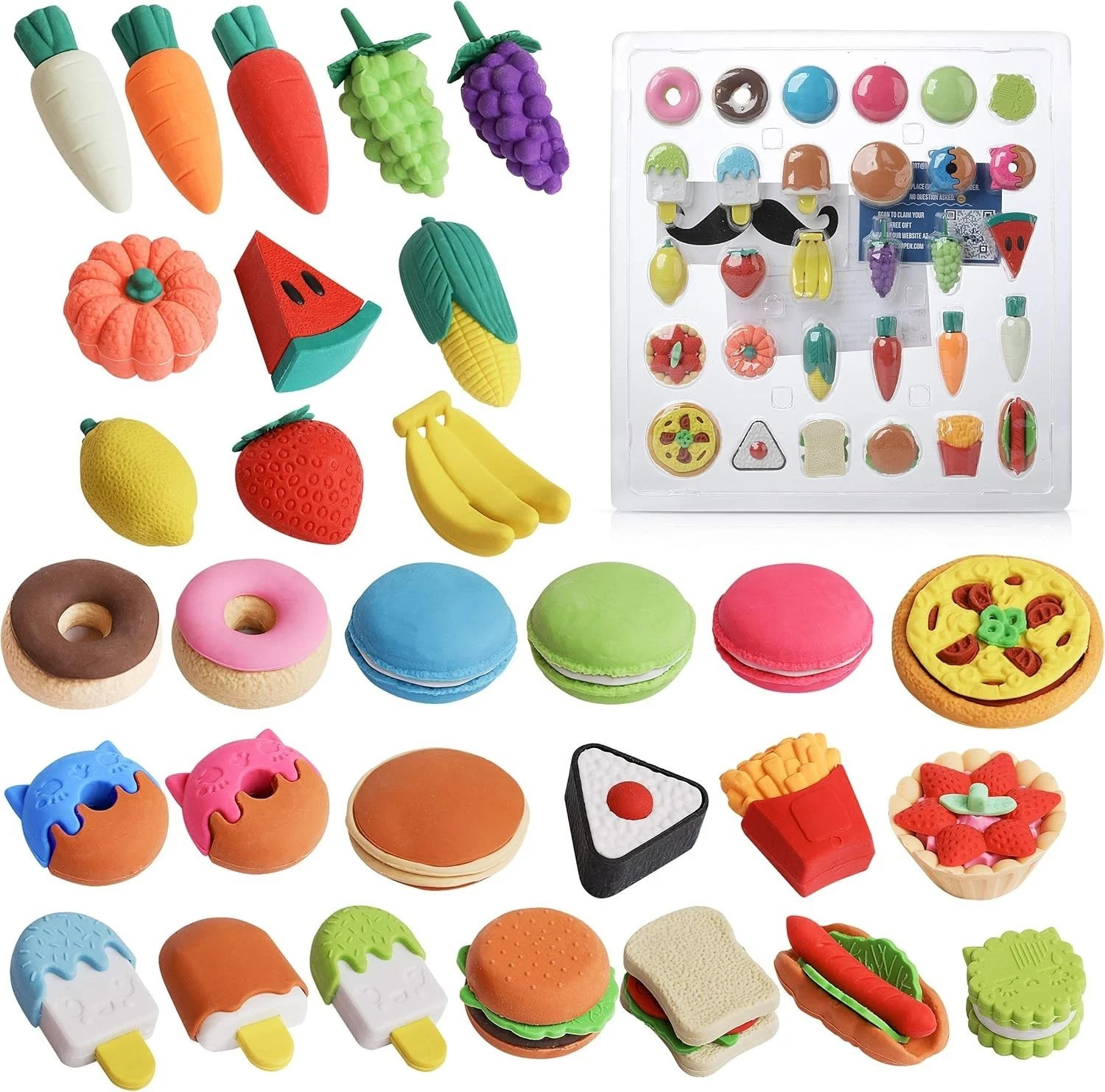 Mini Food Erasers for Kids, 30 pcs, 3D Mini Erasers for Kids, Non-Toxic & Saf