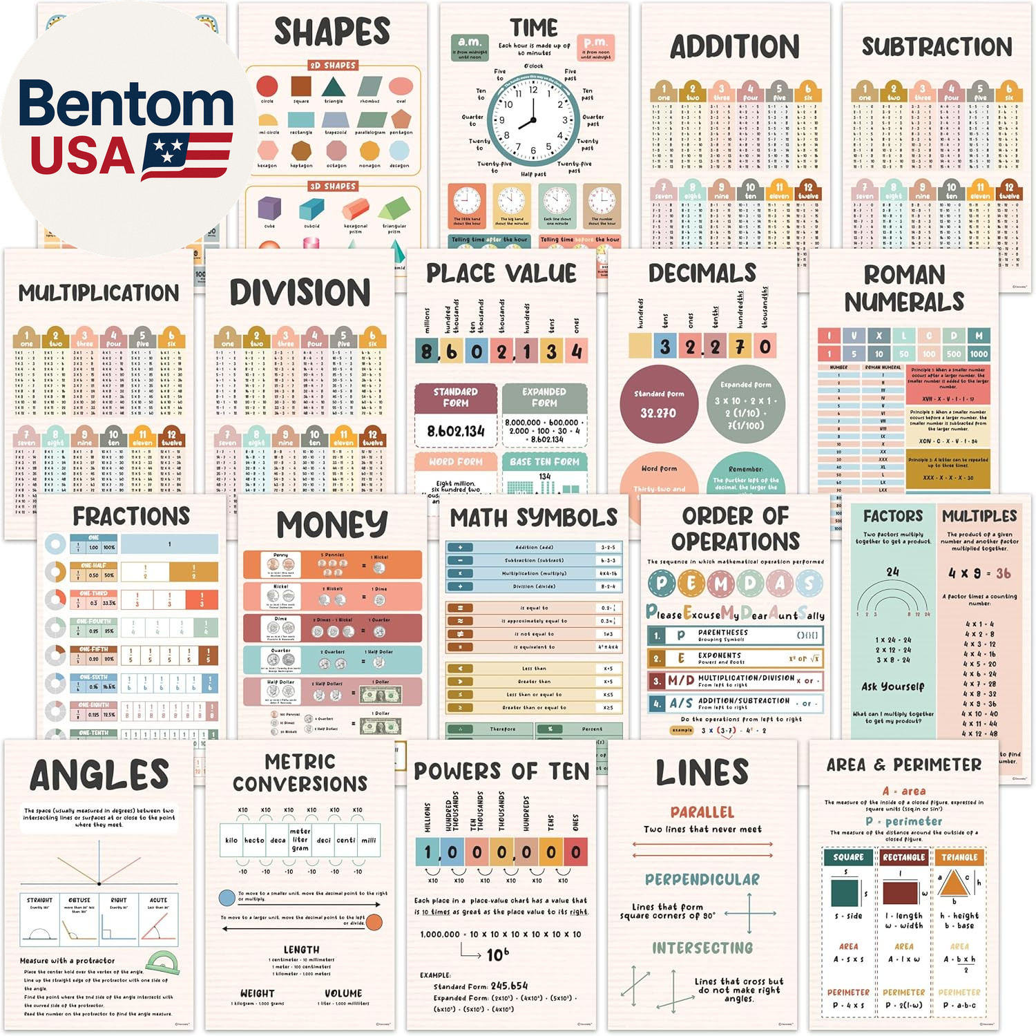 20 Boho Educational Math Posters, 11X17In Educational, Matte-Laminated Decor – f