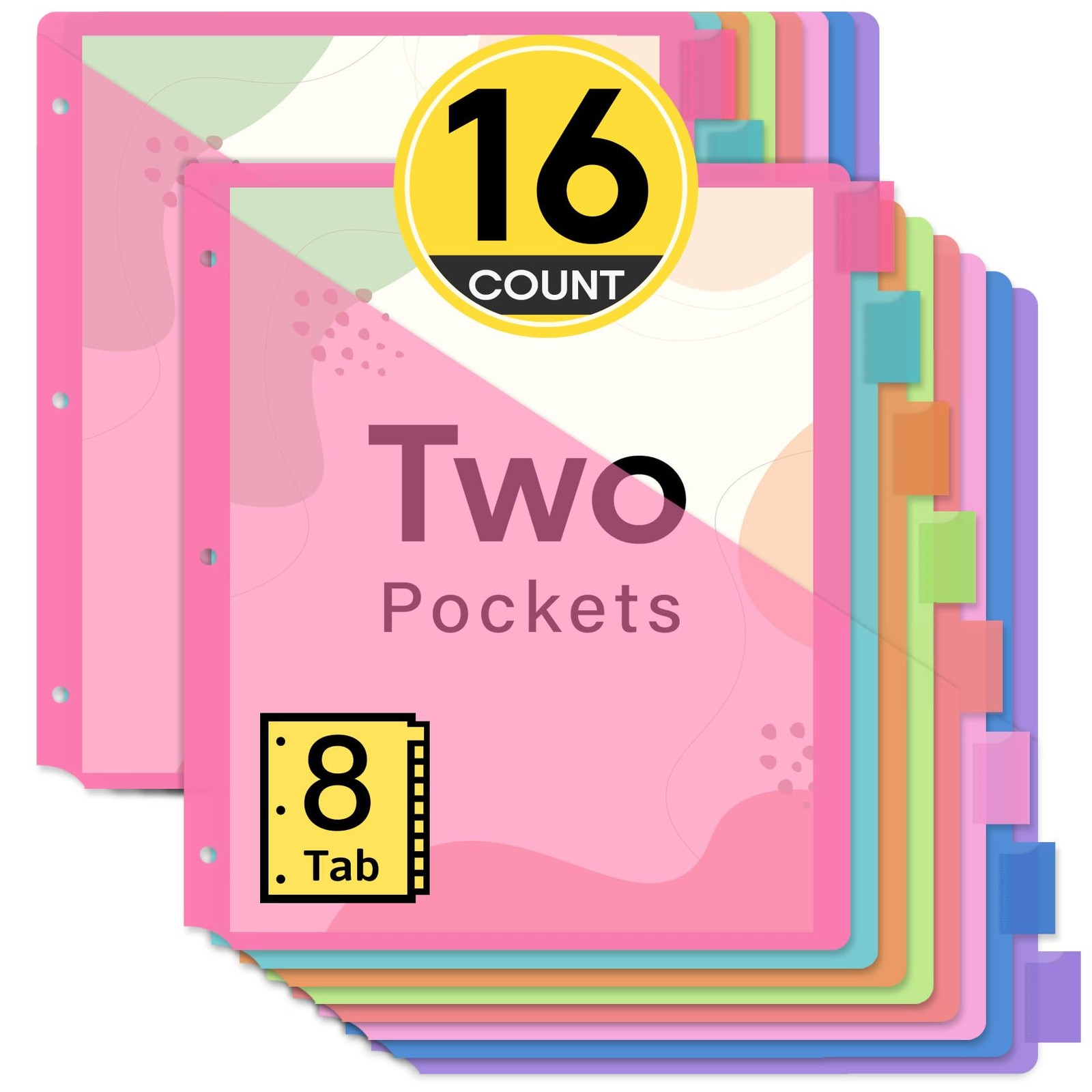 Taja 16 Count Dividers for 3 Ring Binder with Two Pockets, 8 2 Set, Pastel