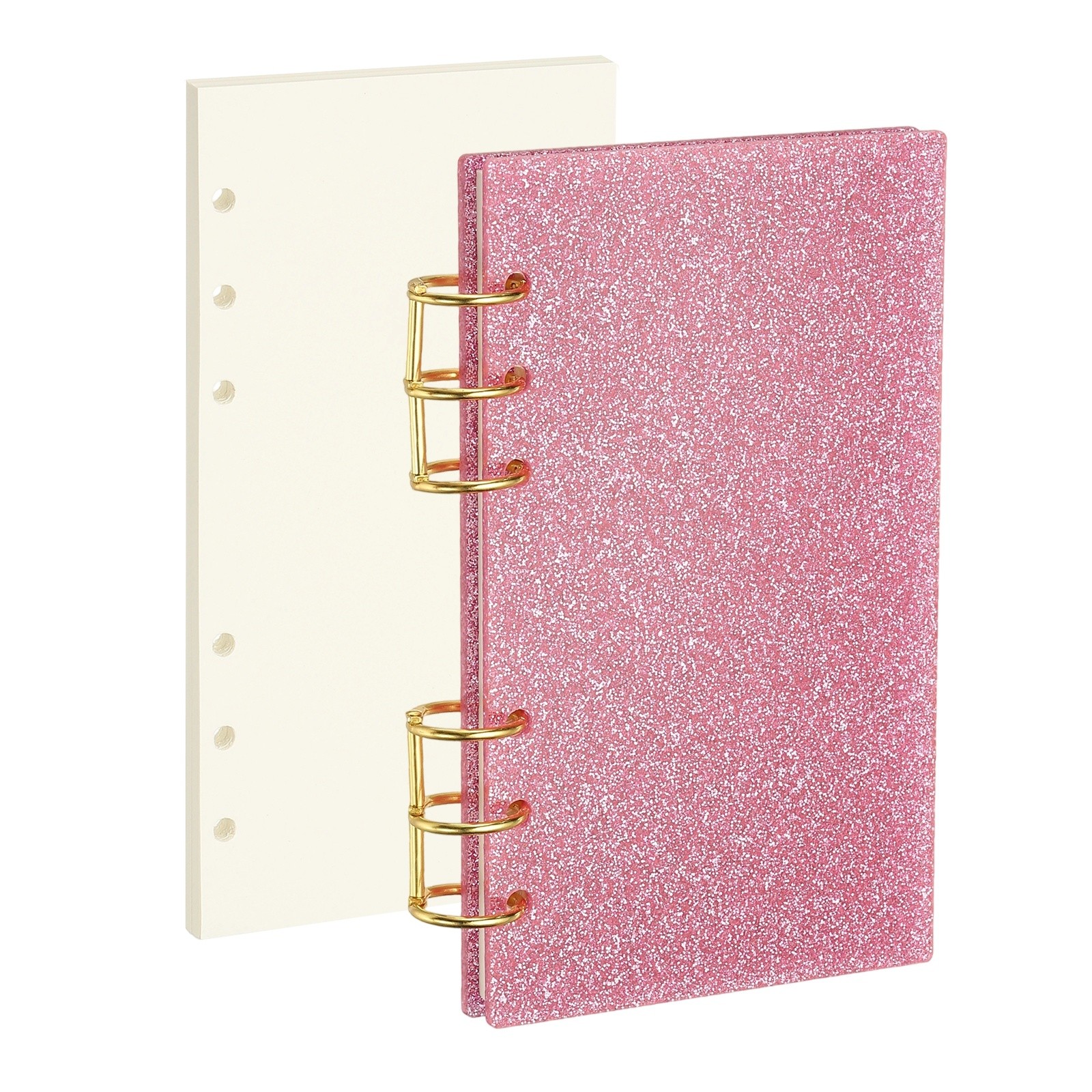 A6 Glitter 6 Ring Binder Notebook Cover, Gold Rings with Blank Papers, Pink