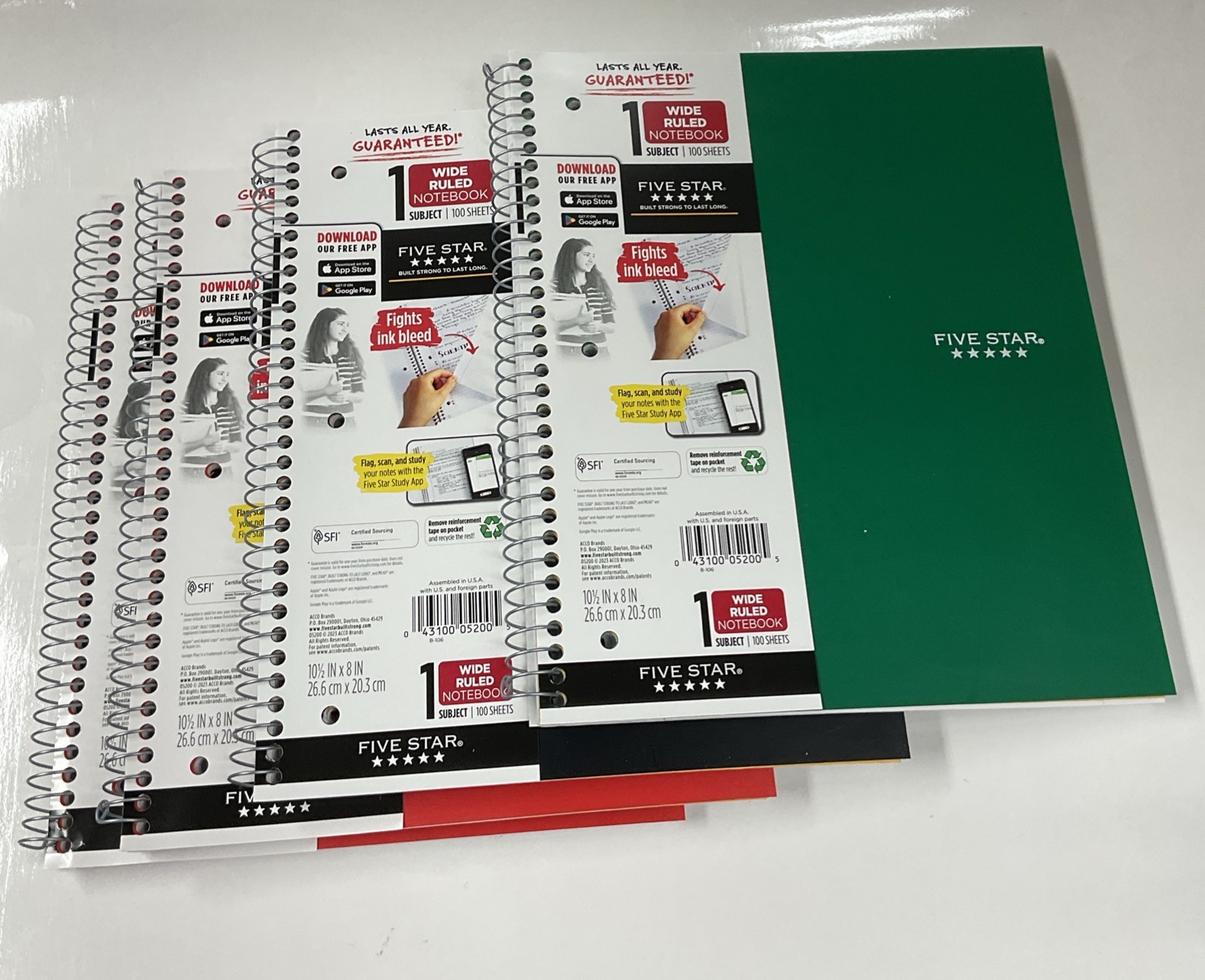 4 Pack: Five Star Spiral Notebook, Wide Ruled 1-Subject, 100 Sheets 10.5″x8″