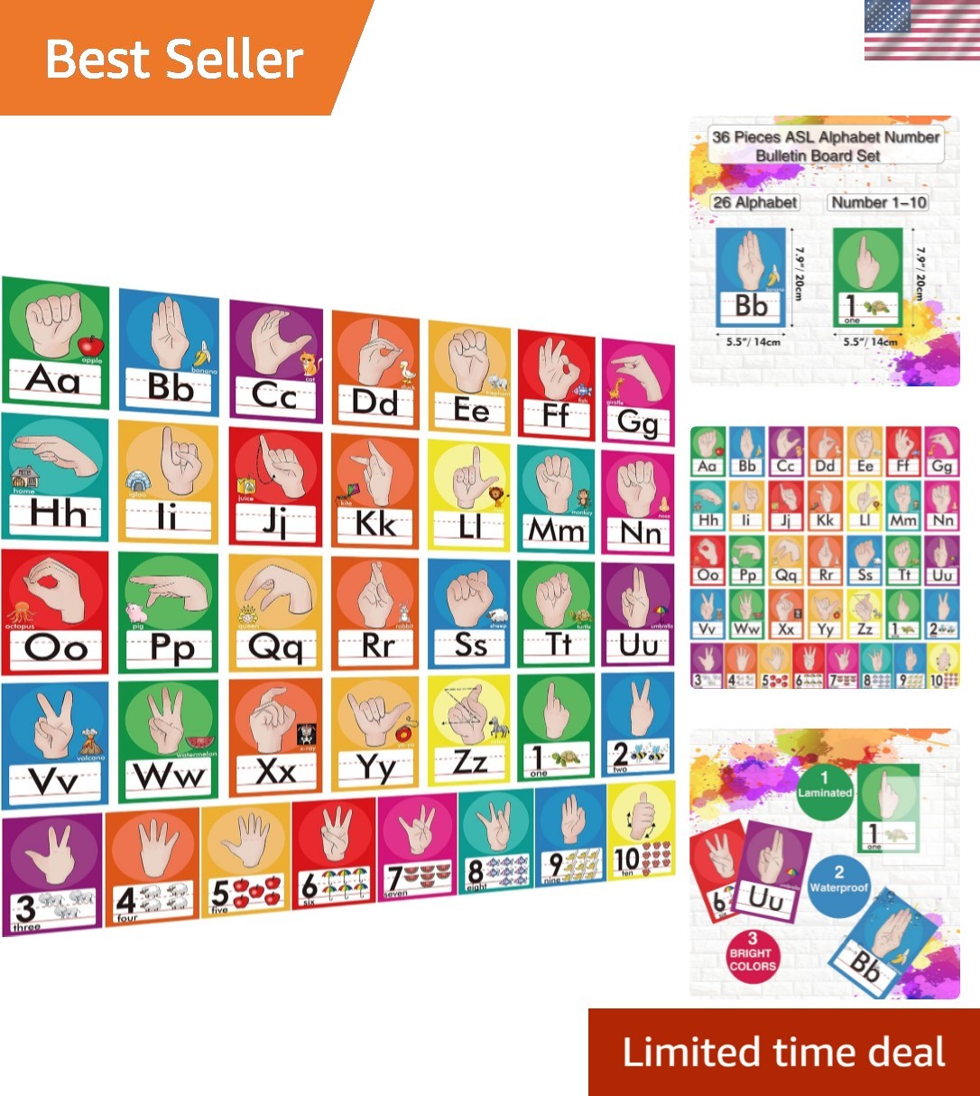 36 Pieces ASL Alphabet Line Bulletin Board Set ABC Number Sign Language Flash…