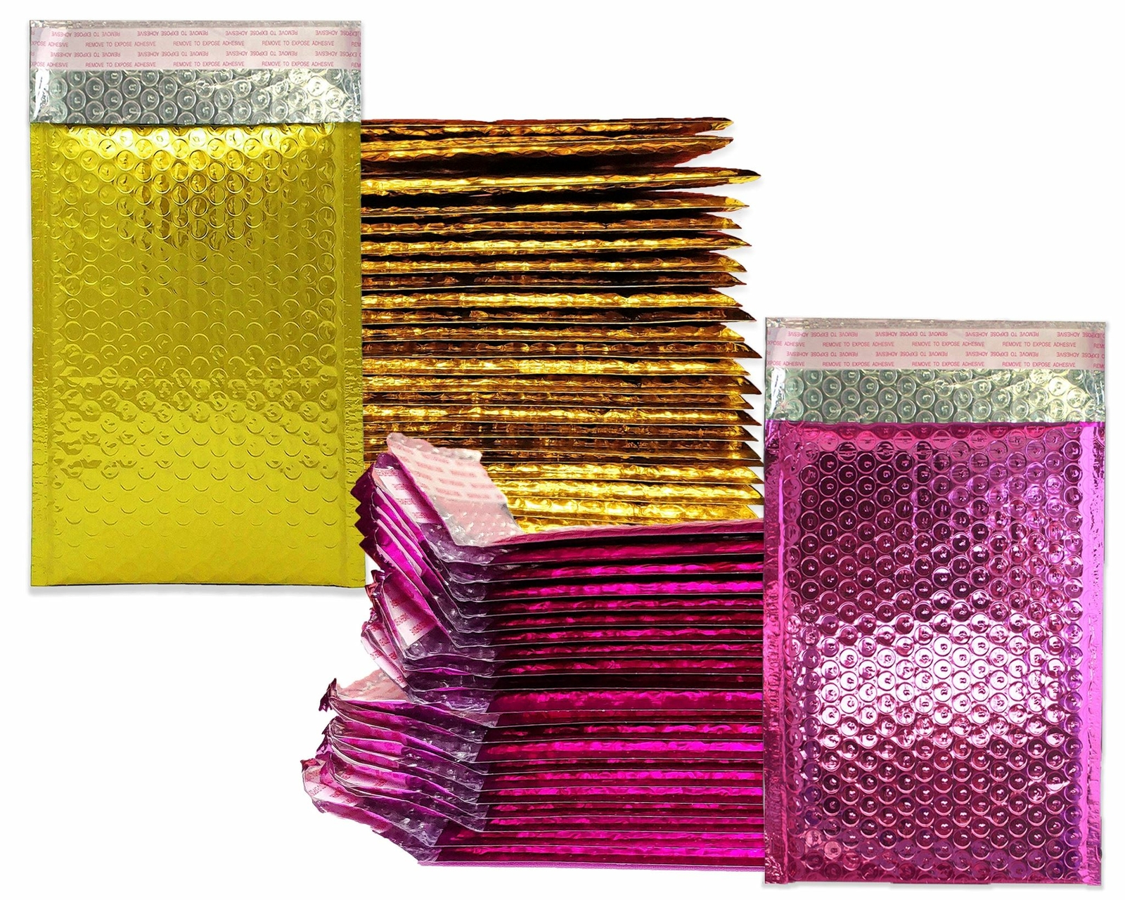 6×10, 4×8″ Honey Pot Gold & Pink Metallic Bubble Mailers, Self Seal Glamour Colo