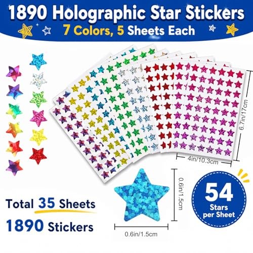 Holographic Star Stickers, 1890 PCS 0.6 Inch Glitter Mini Reward Stickers for