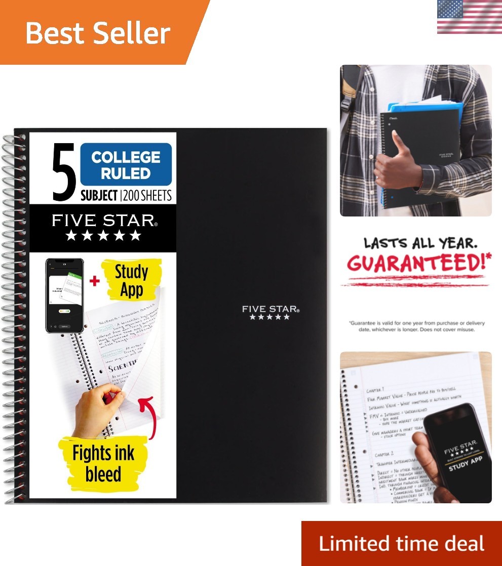 Tear-Out 5 Subject Notebook, 200 Sheets with Water-Resistant Cover in Black
