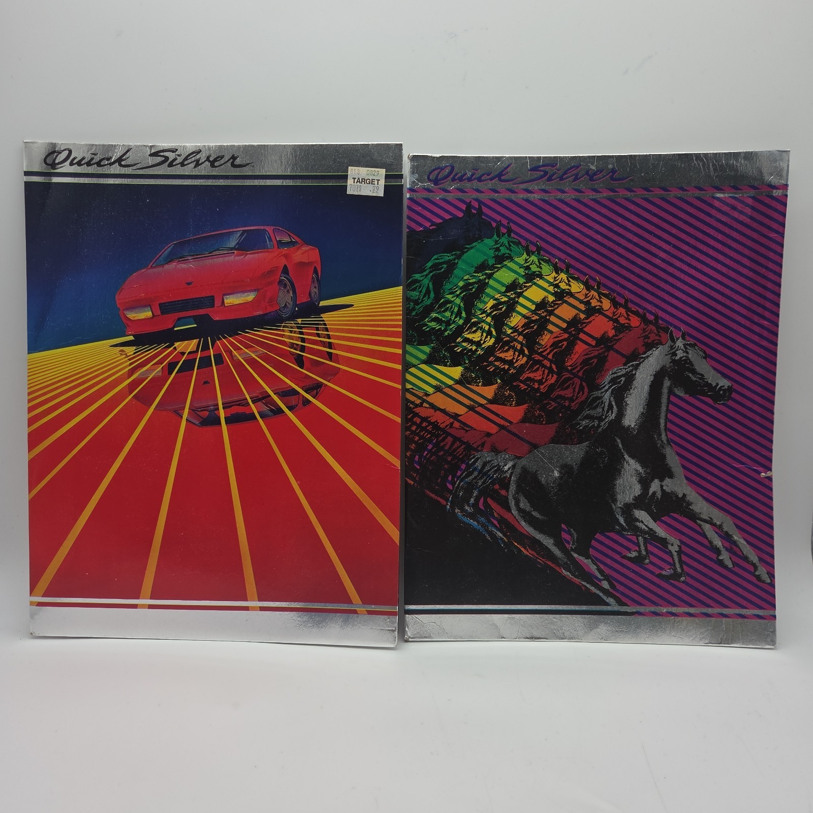 Shiny Vintage 1980s Mead Quick Silver Folders Rainbow Horse & Sports Car Retro