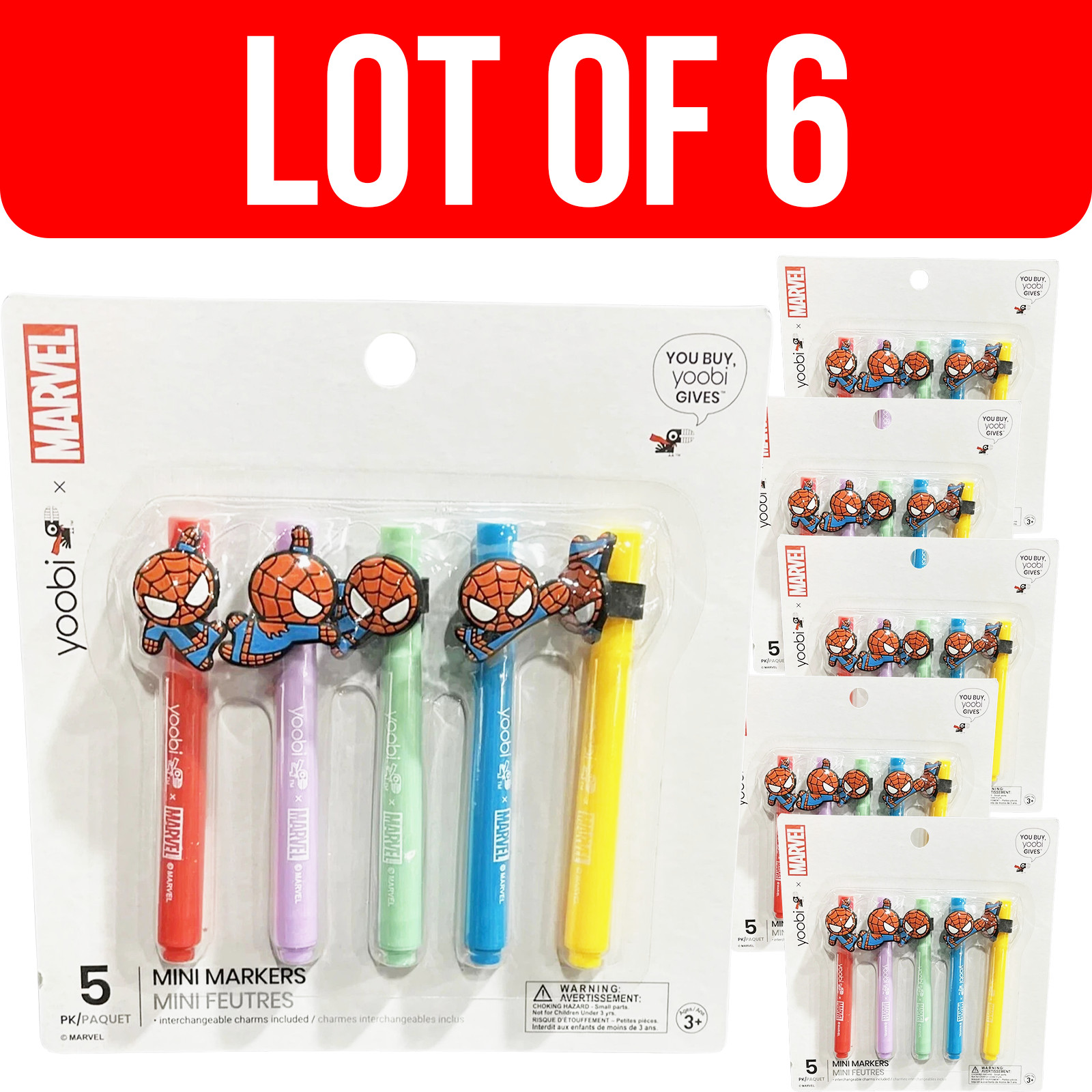 Lot of 6 Yoobi MARVEL Mini Markers Multicolor Interchangeable Spider-Man Charms