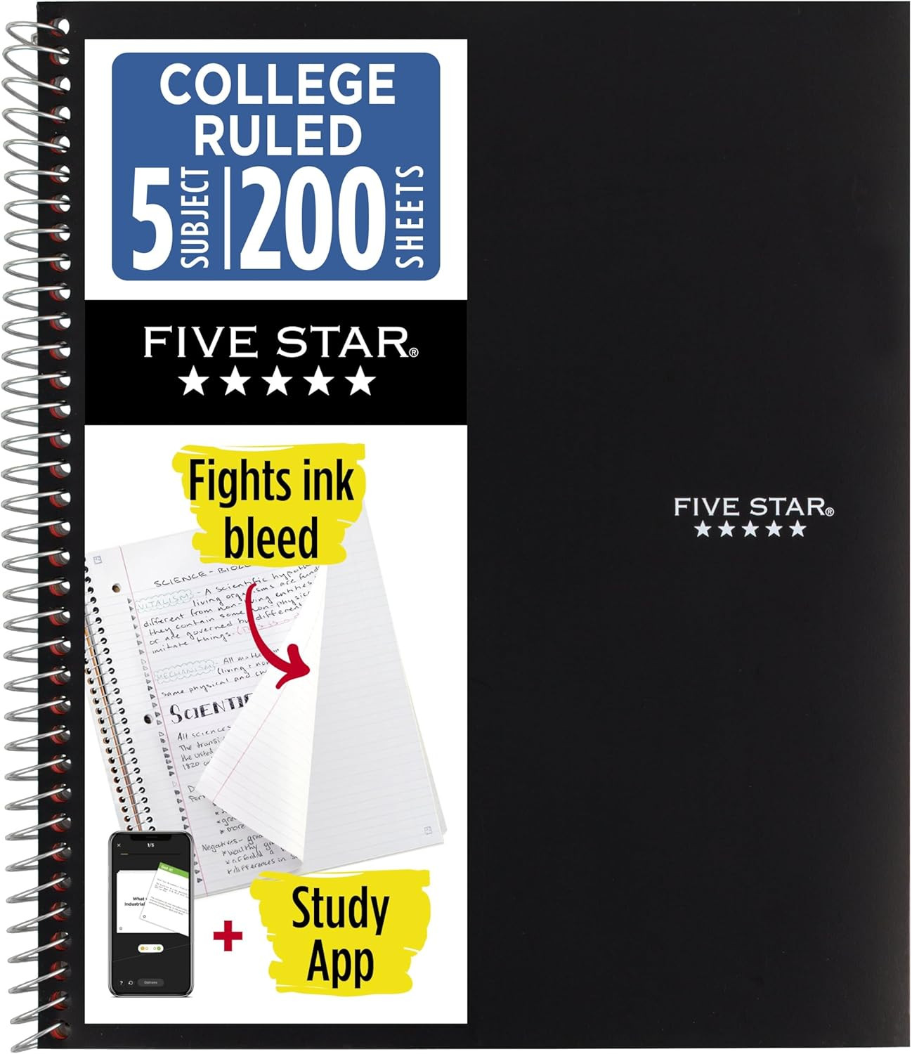 Five Star Spiral Notebook + Study App, 5 Subject, College Ruled Paper, 8-1/2″ X