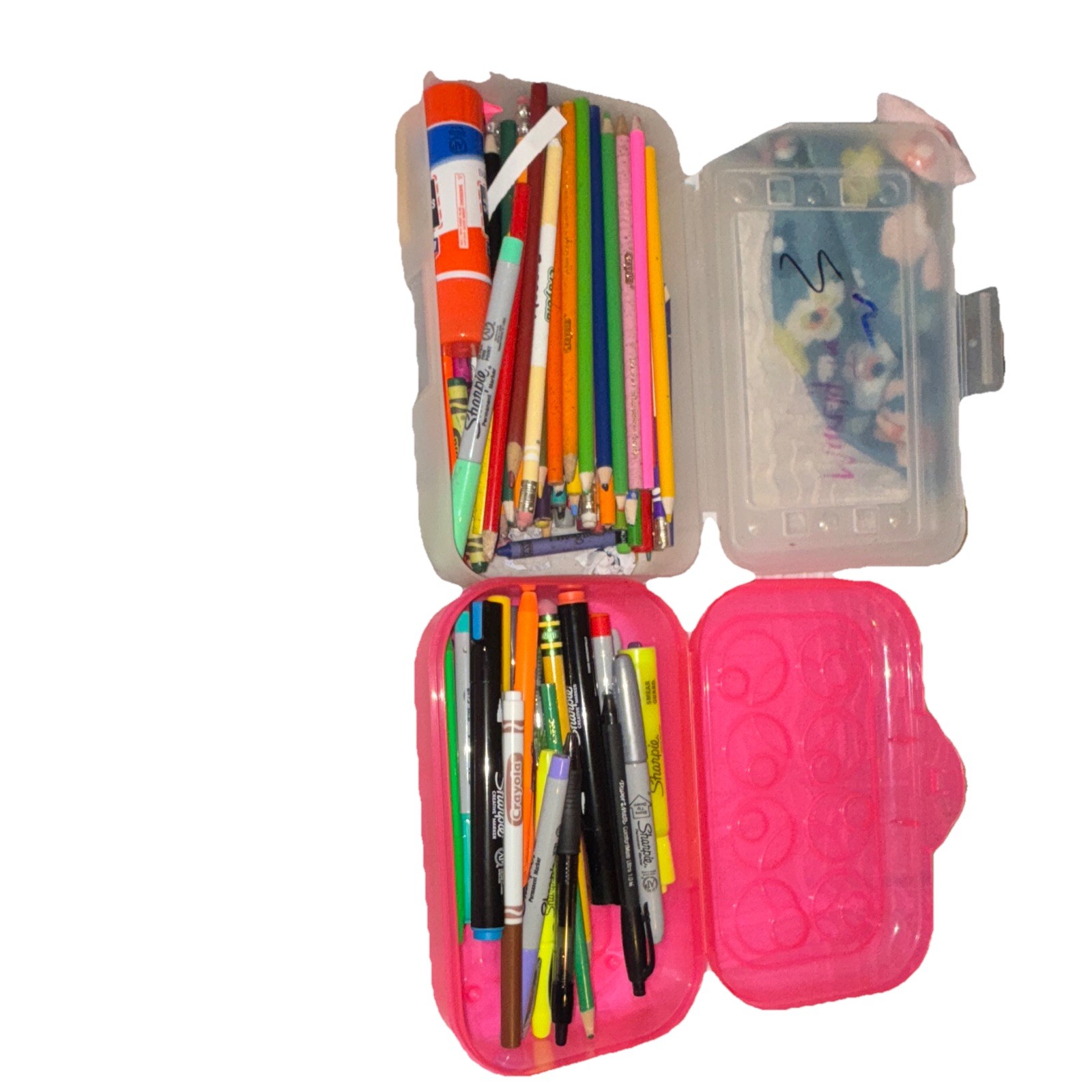 Pink & Clear Plastic Pencil Case Lot w/ Pencils, Markers, Pens & Glue Stick
