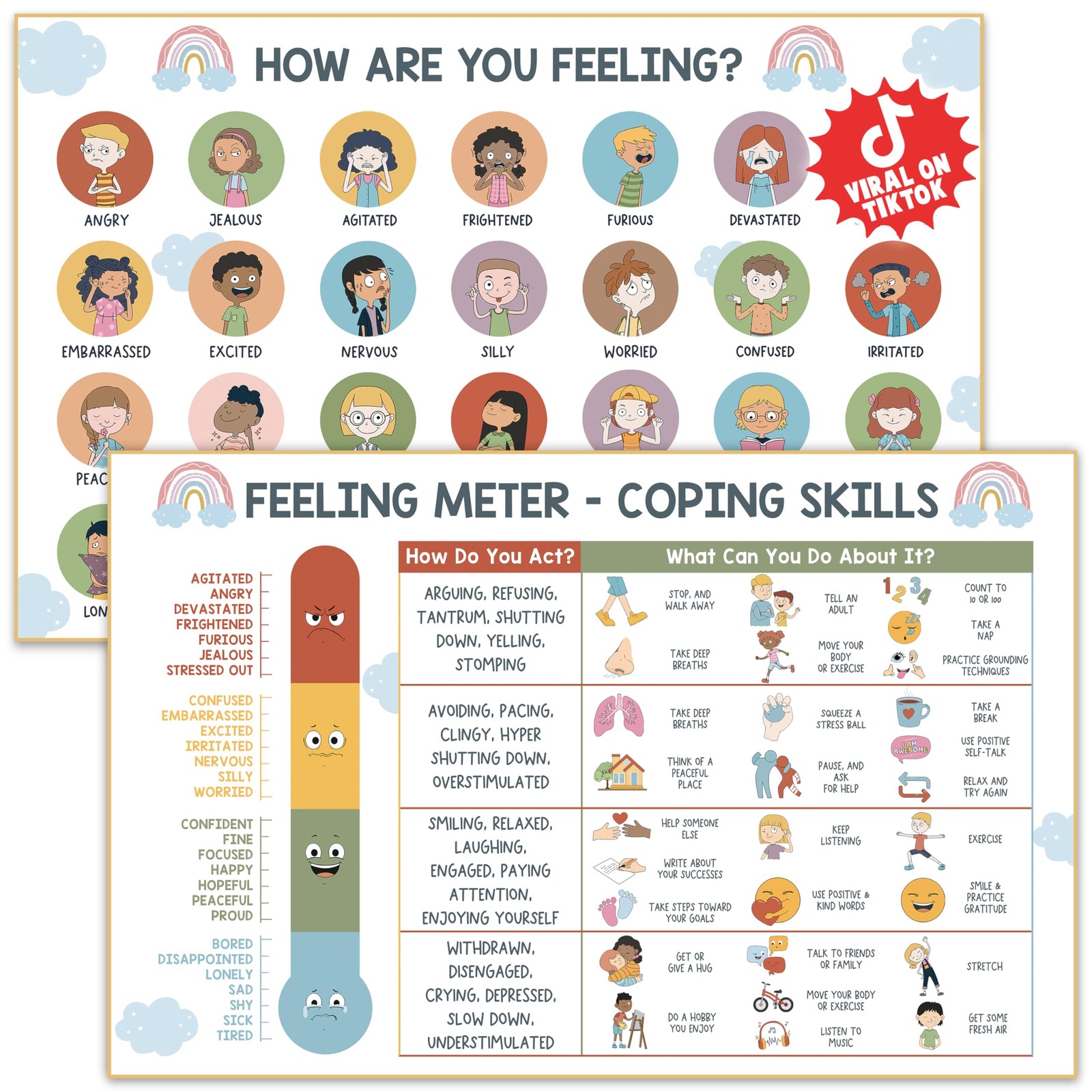 Feelings Chart for Kids – Coping Skills Emotions Poster – 11×17, Multi