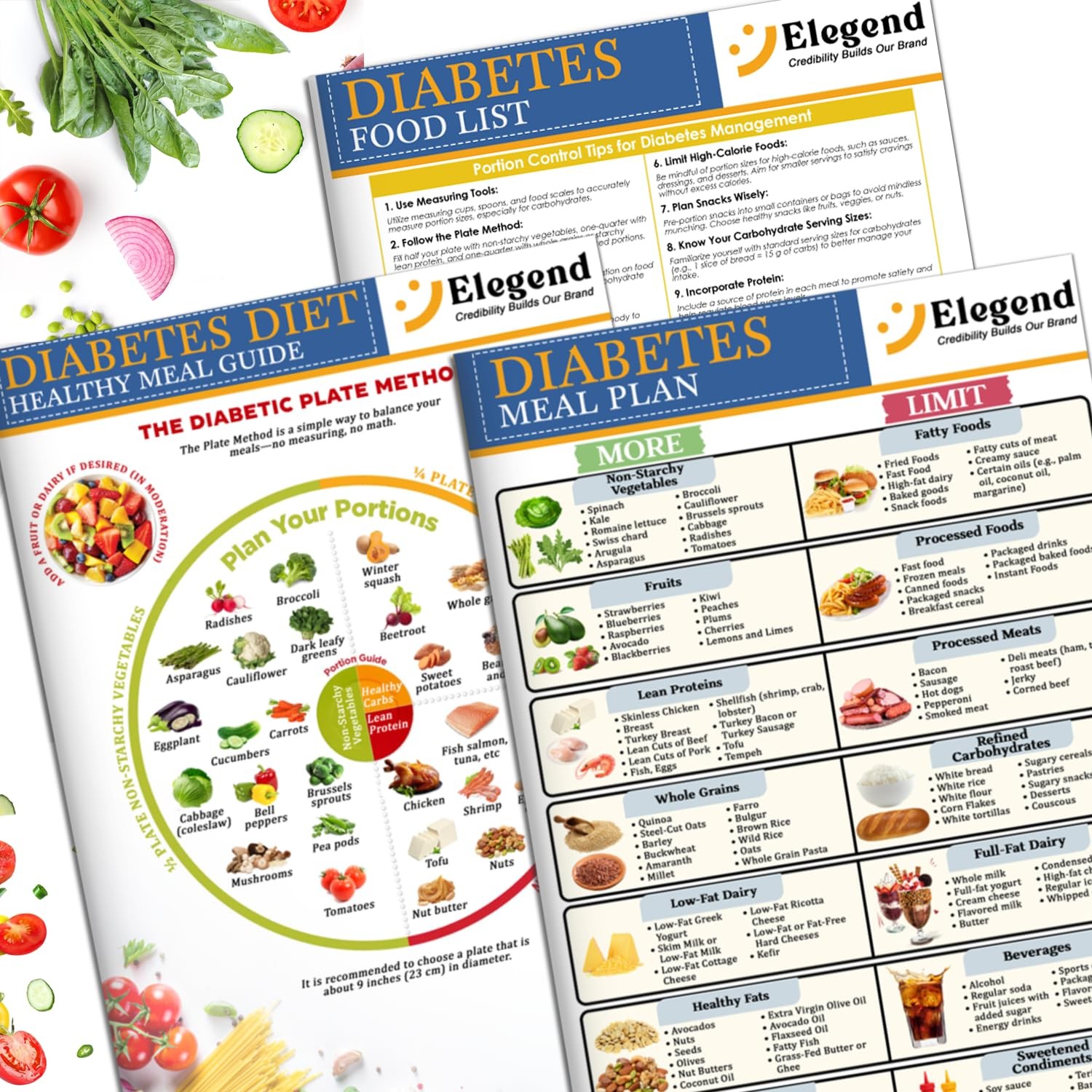 Elegend 3pcs Diabetes Food List Chart & Meal Planner 8.3 x 11.7 inches, White