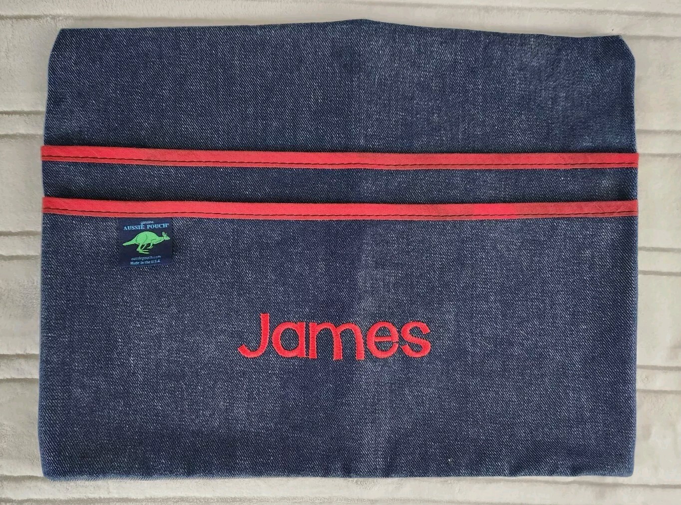Aussie Pouch Embroidered JAMES School Desk Chair Back Pocket Storage Blue – Red