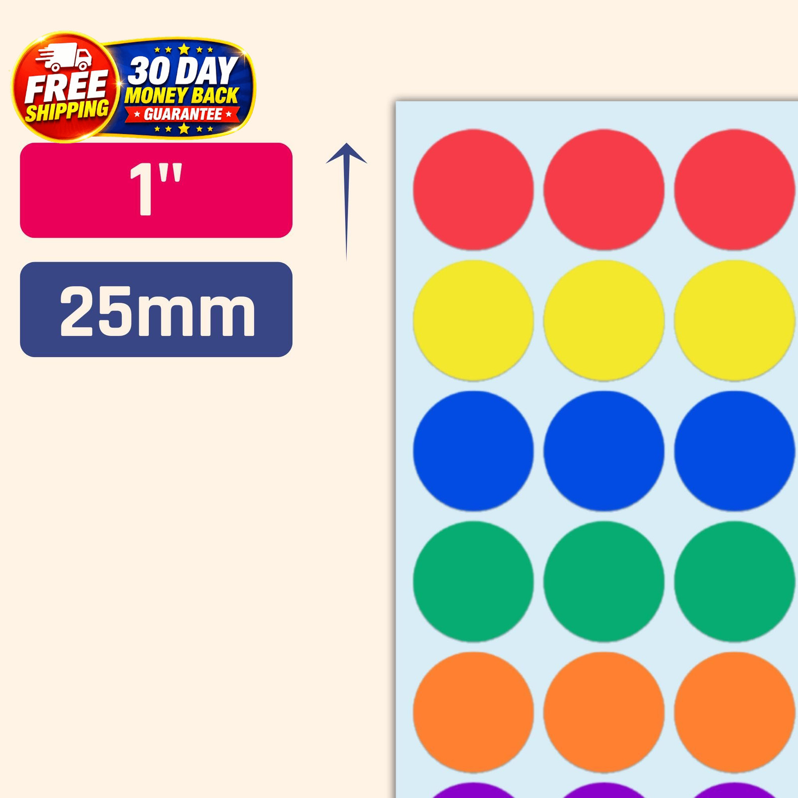 1000 Pack, 1 inch – Colored Round Circle Dot Stickers, 1000 Pieces, 8 Colors