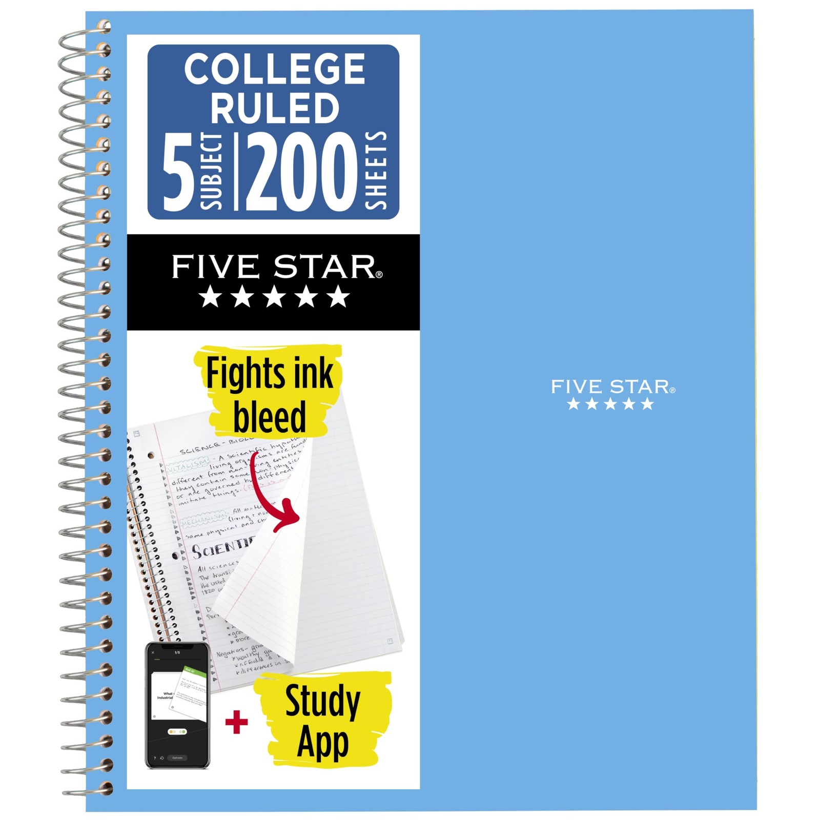 Five Star Spiral Notebook + Study App, 5 Subject, 1 Count (Pack of 1), Blue