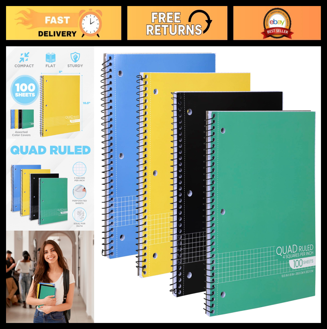 Spiral Graph Paper Notebook – Quad Ruled, Perforated, 100 Sheets, 10.5″x8″ – Ass